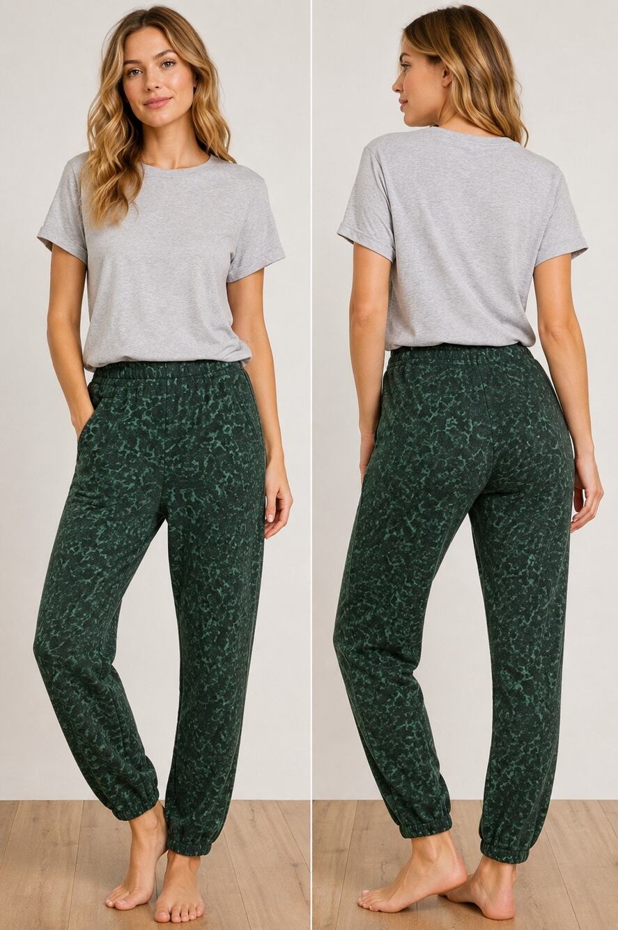 Socialite Green Leopard Print Cozy Jogger Pants Fleece Lined Sz M NWT